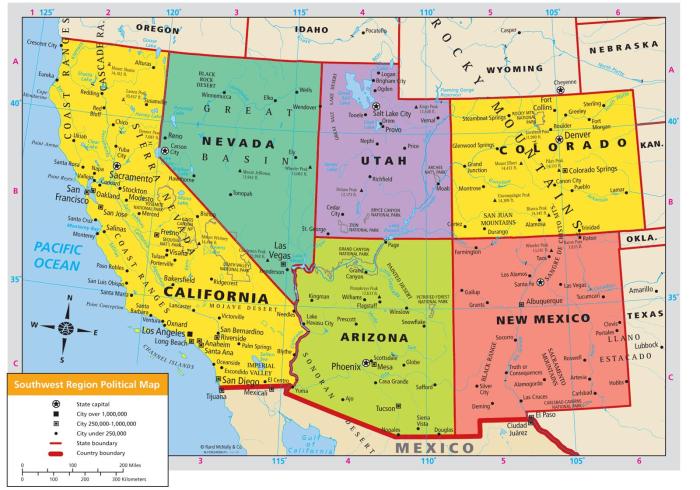 Southwestern states and capitals map